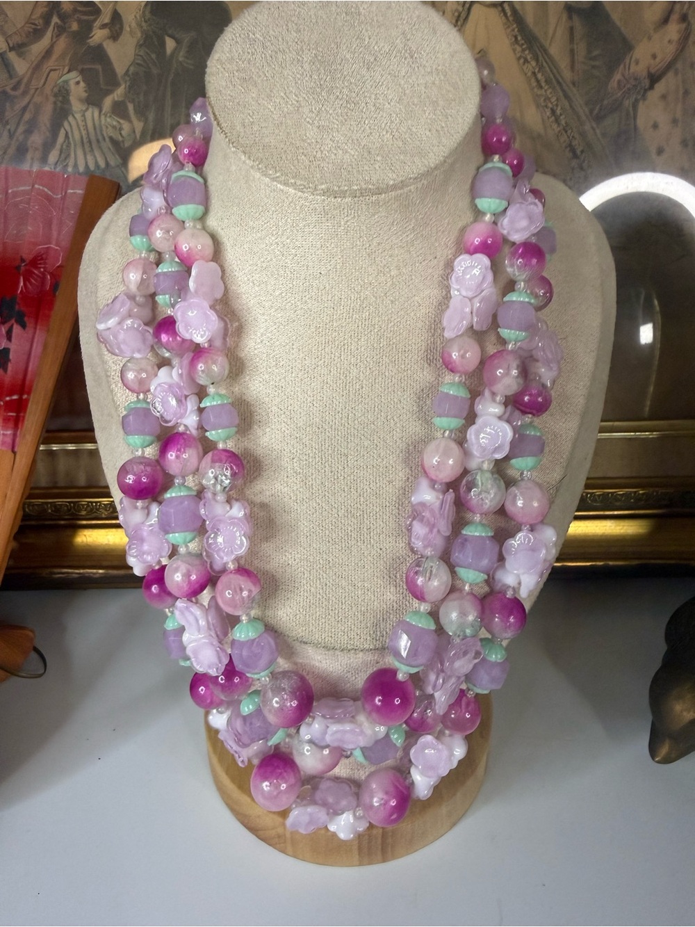 Vintage Signed Hong Kong 3 Strand Pink Lavender Floral Beaded Statement Necklace